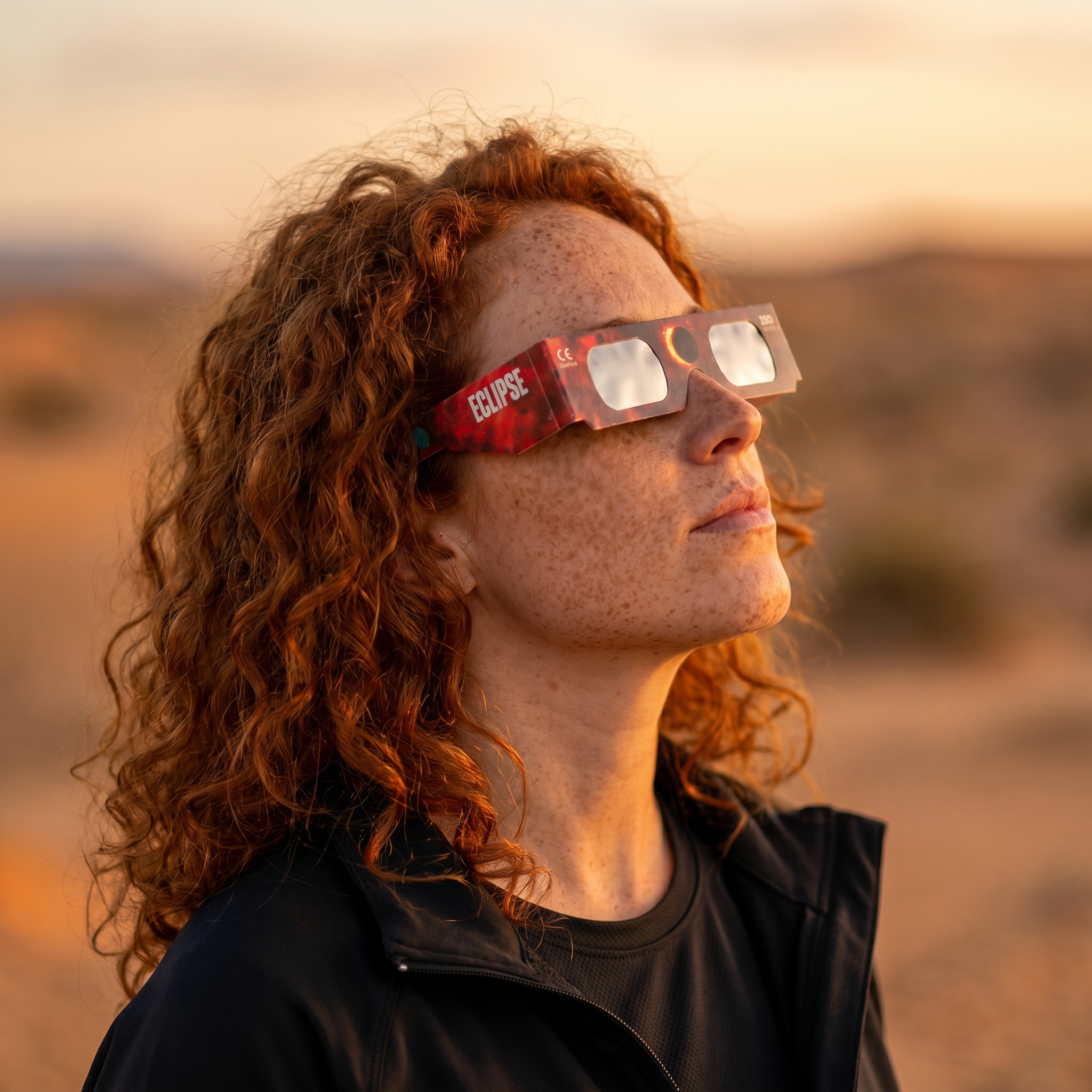 Persona observando el eclipse con gafas homologadas ISO 12312-2